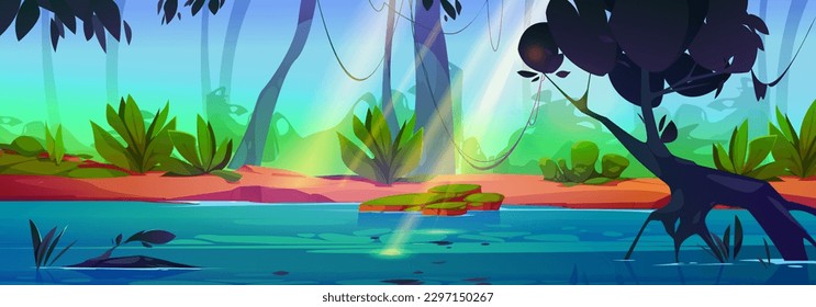 Tropical river water in jungle forest nature vector landscape. Green amazon rainforest cartoon scene background. Fairy illustration with wild environment. Liana on tree near lake with sun ray light