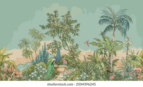 Jardín romano tropical con pavo real, pájaro, palmera, florero, ilustración de la planta para el Fondo de pantalla