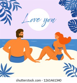 Tropical romantic card with a couple in love. Vector illustration with text.