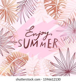 Tropical rose gold leaf vector background. Pink bronze exotic floral summer banner.
