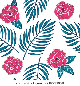 Patrón de azulejos sin costura de rosa tropical con rosas rosadas vibrantes y hojas tropicales sobre un fondo blanco ideal para el concepto de cocinas soleadas como rosas rosadas vibrantes y hojas tropicales sobre fondo blanco crean patrón de azulejos sin costura tropical para cocinas soleadas en Foto de archivo Concepto y espacio vacío en el lado izquierdo, sin texto --ar 7:2 --tile