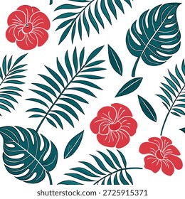 Padrão de azulejos sem costura de rosa tropical com rosas vermelhas vibrantes e folhas tropicais em um fundo branco ideal para lounges ensolarados conceito como rosas vermelhas vibrantes e folhas tropicais no fundo branco criar padrão de azulejos sem costura tropical para lounges ensolarados no Conceito de Stock de Foto e espaço vazio no lado esquerdo, sem texto —ar 7:2 —azulejo