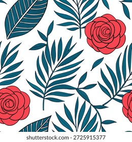 Padrão de azulejos sem costura de rosa tropical com rosas vermelhas vibrantes e folhas tropicais em um fundo branco ideal para lounges ensolarados conceito como rosas vermelhas vibrantes e folhas tropicais no fundo branco criar padrão de azulejos sem costura tropical para lounges ensolarados no Conceito de Stock de Foto e espaço vazio no lado esquerdo, sem texto —ar 7:2 —azulejo