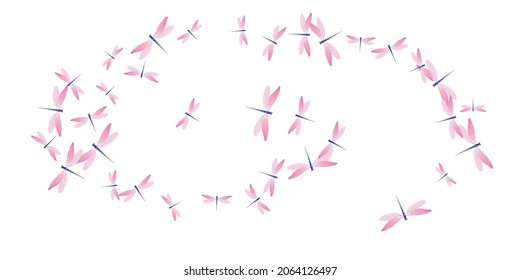 Tropical rosy pink dragonfly cartoon vector background. Spring pretty insects. Wild dragonfly cartoon children wallpaper. Gentle wings damselflies graphic design. Fragile beings