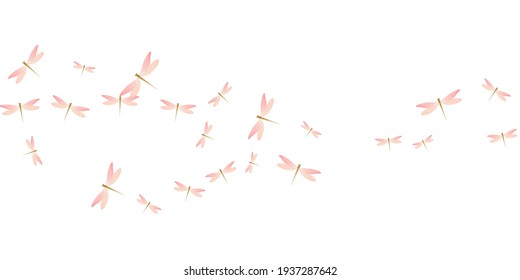 Tropical rosy pink dragonfly flat vector background. Spring funny damselflies. Decorative dragonfly flat children illustration. Tender wings insects patten. Garden creatures