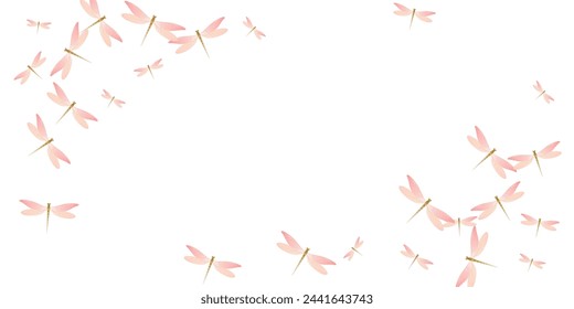 Tropical rosy pink dragonfly flat vector illustration. Spring beautiful damselflies. Simple dragonfly flat baby wallpaper. Sensitive wings insects graphic design. Garden beings
