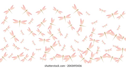 Tropical rosy pink dragonfly isolated vector wallpaper. Spring ornate insects. Fancy dragonfly isolated girly background. Sensitive wings damselflies patten. Tropical creatures