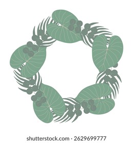 Tropical round border with exotic leaves and jungle elements. Ideal for invitations, covers, banners, and greeting cards. Vector tropical illustration