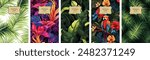 Tropical round composition. Bright colorful vector template. Toucan and scarlet macaw surrounded by tropical fruits and flowers.