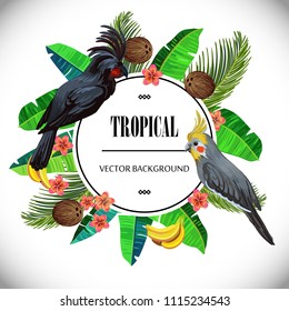 Tropical round composition. Bright colorful vector template. The cockatoo and cockatiel surrounded by tropical fruits and flowers.