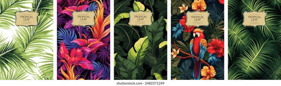 Composición redonda tropical. Plantilla de Vector de colores brillantes. Tucán y guacamayo escarlata rodeado de frutas tropicales y flores.