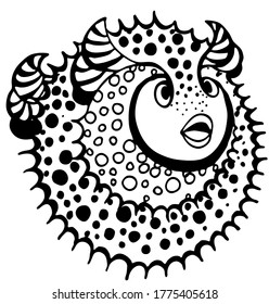 Tropical round fish coloring page. Black and white. Underwater world. Anti-stress coloring for adult and children. Vector illustration. EPS 8