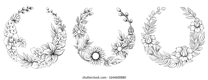 Tropical Round Floral Frame, Template, Hand Drawn Illustration, Isolated Vector
