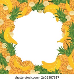 Tropical round frame with bananas and pineapples. Vector wreath with tropical fruits. Template for beach party with text place. Elements are not cropped, hidden under crop mask.