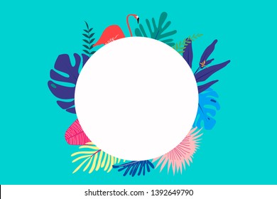 Tropical round frame blue background vector