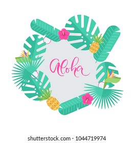 Tropical round frame with hand lettered  word aloha. Leaves in simple design