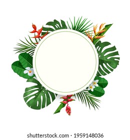 Plantilla de marco redondo tropical con hojas y flores exóticas.  Lo mejor para invitaciones, volantes y afiches. Plantilla de diseño en verano. Ilustración vectorial.