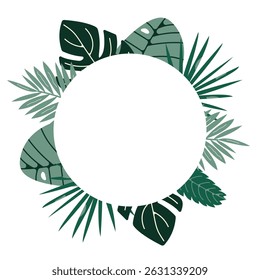 Tropical round green palm wreath for summer wedding invitations, posters or eco-friendly packaging. Vector illustration