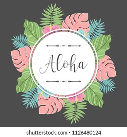 Tropical round label with colorful palm leaves. For invitations, greeting cards, blogs, posters and more. Vector.