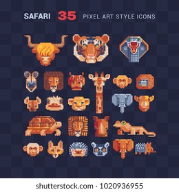 Tropical safari animal isolated vector flat illustration. Design for stickers, logo, embroidery, mobile app. Video game assets 8-bit sprite sheet. Animal heads pixel art 80s style icons set.