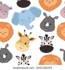Tropical safari seamless pattern with cute animals faces. Vector cartoon illustration in pastel colors for fabric, textile, wallpaper, wrapping paper