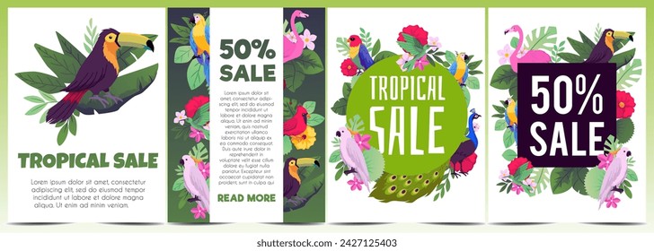 Tropical sale banner or card templates, flat hand drawn vector illustration. Tropic leaf frames or advertising banners with colorful jungle plants and exotic birds.
