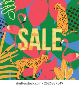 Tropical SALE banner with cheetahs, flamingos, and bold jungle leaves. Flat vector for summer ads and promotions