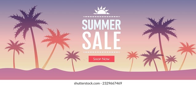 Tropical Sale Banner With Tropical Tree And Sun With Gradient Mesh, Vector Illustration