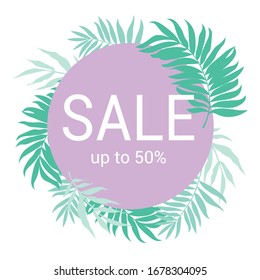 Tropical sale poster. Instagram template with green and violet colors.