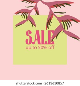 Tropical SALE square banner with discount text and exotic Heliconia. Summer floral frame template background for seasonal promo, store display, social media posts or web ad. Modern vector illustration