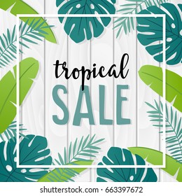 Tropical sale template or banner with hand drawn palm leaves and white wooden background. Summer design. Business concept. Vector illustration.