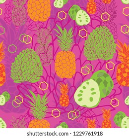 Tropical Salsa-Fruit Delight. Seamless Repeat Pattern Background in Pink, Orange,Green and Yellow.