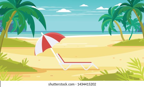 Tropical Sand Background. Beach Overlooking The Ocean. Ocean, Sea. No People. Chaise Lounge With Umbrella.