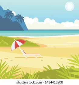 Tropical sand background. Beach overlooking the ocean. Ocean, sea. No people. Chaise lounge with umbrella.