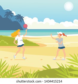 Tropical sand background. Beach overlooking the ocean. Ocean, sea. Women play volleyball.