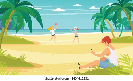 Tropical sand background. Beach overlooking the ocean. Ocean, sea. Young people relaxing on the beach. Women play volleyball. Man looks into the phone.