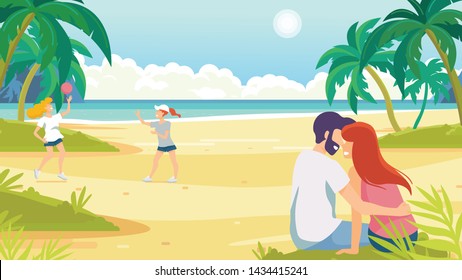 Tropical sand background. Beach overlooking the ocean. Ocean, sea. Young people relaxing on the beach. Women play volleyball.