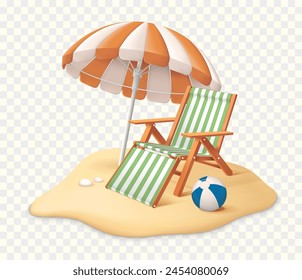 Tropical sand beach with chair, umbrella and ball isolated vector illustration. Summer vacation concept 
