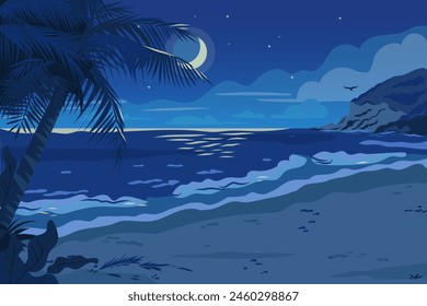 Tropical sand beach panoramic view with palm trees and rocks on the seashore. Seascape night view cartoon flat vector illustration. Romantic landscapes of tropical nature. Sea coast scenery background