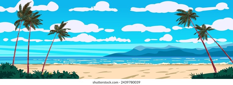 Tropical sand beach resort, landscape horizontal, exotical island, palms, ocean, sea banner