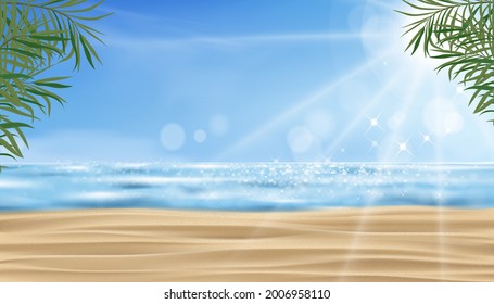 Tropical sand beach, sea, blue sky and Sunlight shining in summer. Vector Sea beach, coconut palm leaves and blue ocean in morning,Vector illustration Banner background of nature landscape seaside 