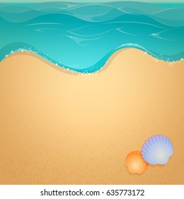 Tropical sandy beach background. Ocean wave, sand and  shells. Summer sea vacation.