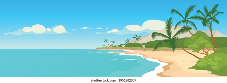 Tropical Sandy Beach Flat Color Vector Illustration. Wild Sea Shore And Palm Trees Scene. Marine Town Panoramic View. Summer Recreation. Exotic Paradise 2D Cartoon Landscape Ocean Coast On Background