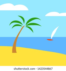 Tropical sandy beach with palm tree and yacht in the sea.
