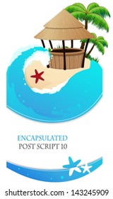 Tropical sandy beach with palm trees and bungalow bar. Abstract resort frame.