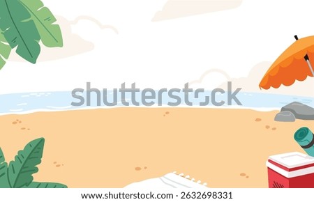 Tropical sandy beach with sea coastline and touristic accessories tranquil cartoon scene and no people. Summertime vacation on exotic resort beautiful place for rest background vector illustration