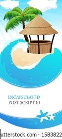 Tropical sandy island with palm trees and bungalow bar. Abstract resort background