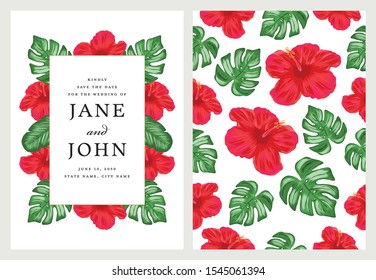 Tropical Save the Date Invitation Template in Vector with Palm Leaf and Flower.