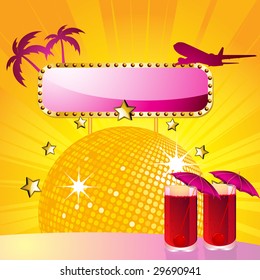 tropical scene with cocktails in front of disco ball with glossy sign and palm trees