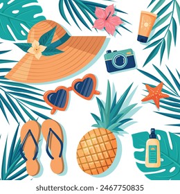 A tropical scene with a hat, sunglasses, and a pineapple. The image is colorful and lively, with a sense of relaxation and vacation